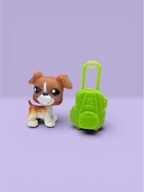 Littlest Pet Shop Brown and White Dog  Boxer #25 LPS with Suitcase Accessory